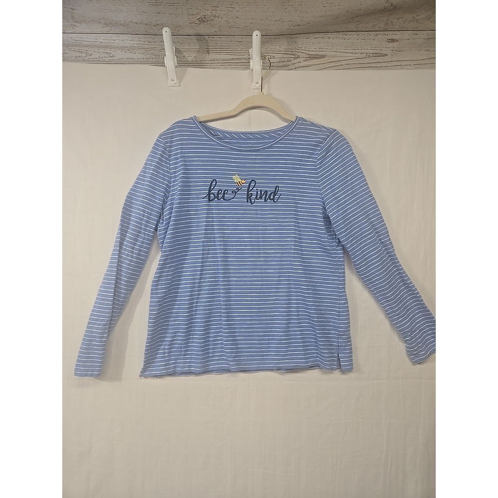 Talbots Med Petite Blue Stripe Bee Kind Long‎ Sleeve Knit Top Round Neck Cotton